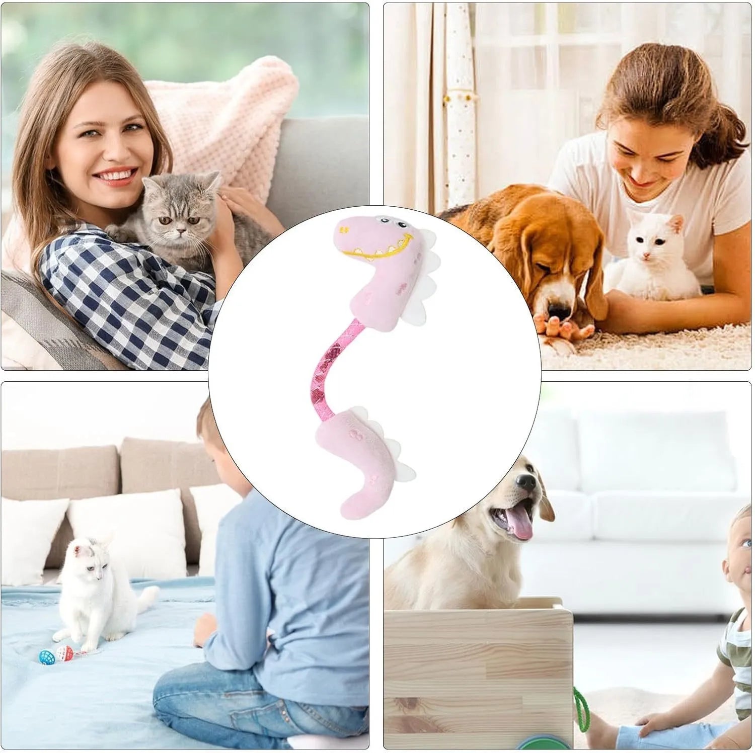 Set of four cat chew toys including rope, fish, mouse, and bunny designs for indoor play