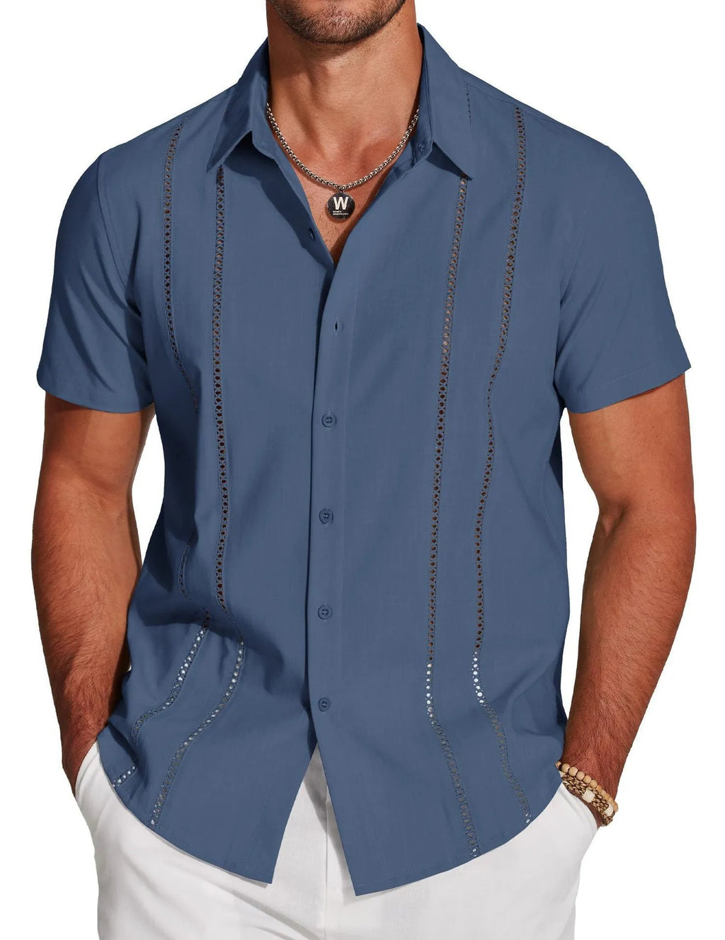 Men's slim fit Hawaiian short sleeve shirt with digital print pattern and elastic band detail.