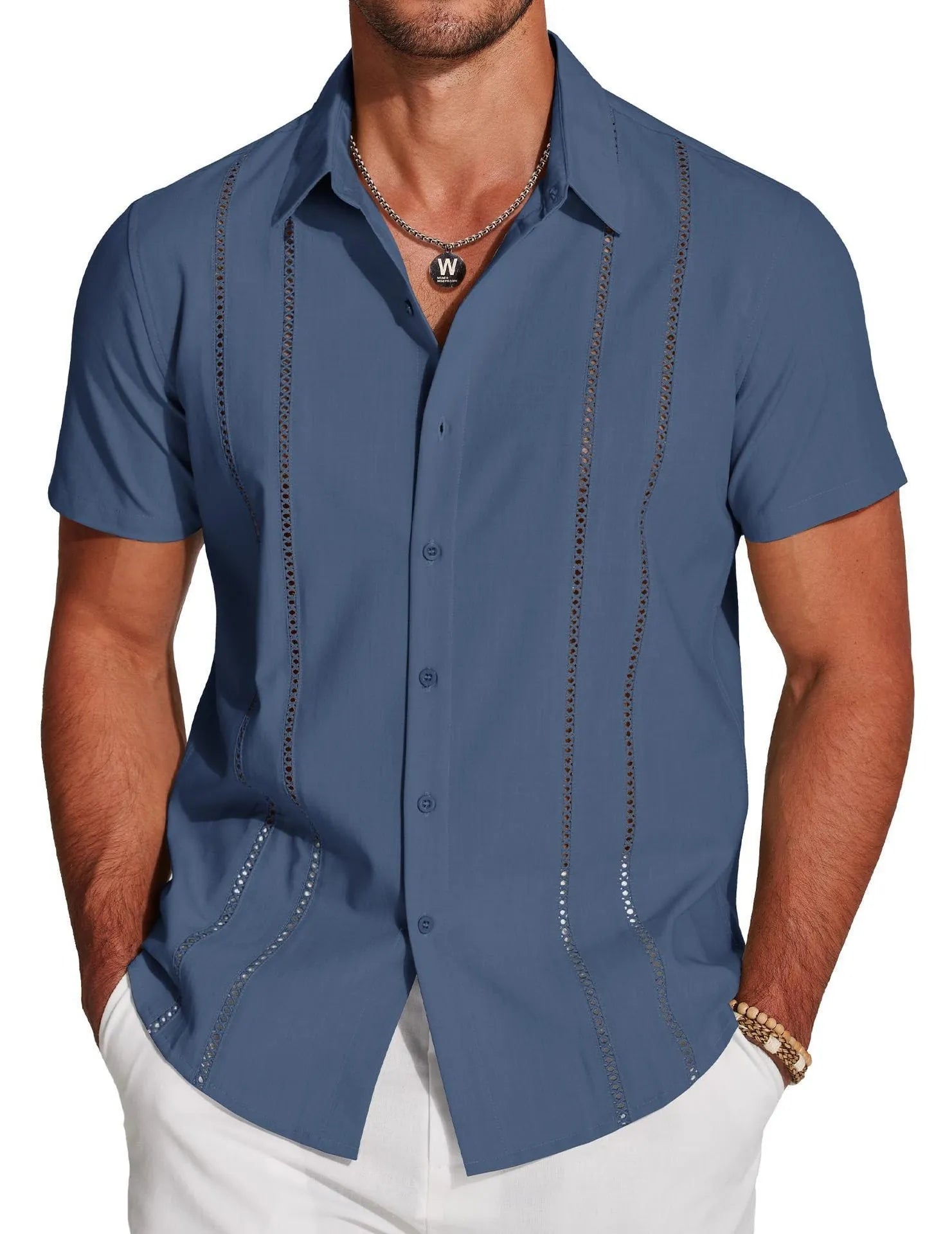 Men's slim fit Hawaiian short sleeve shirt with digital print pattern and elastic band detail.