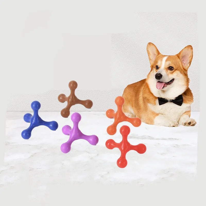 Blue silicone three-legged chew toy for puppies on a white background.