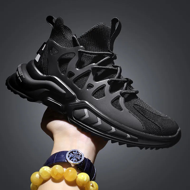 Men's black mesh and EVA sole non-slip running sneakers for gym training, side view