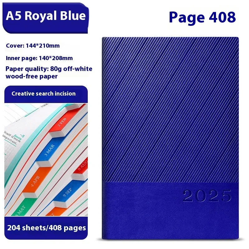 A4 striped PU leather business notepad open on a desk showing 80g paper, available in eight colours.