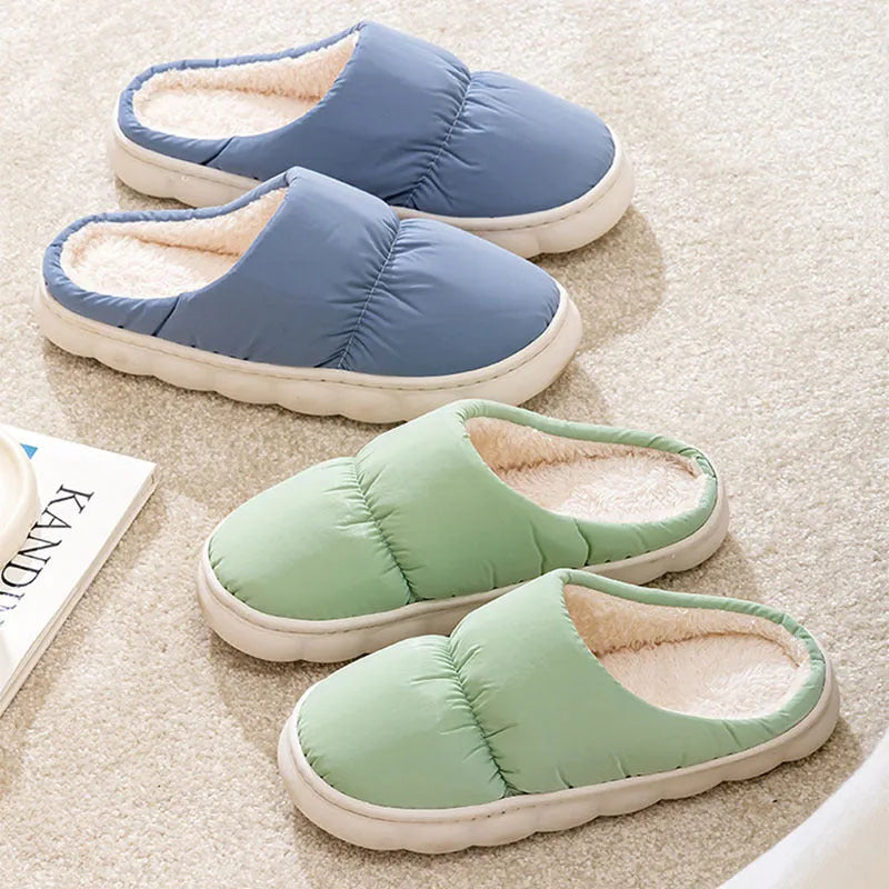 Winter indoor slippers with artificial leather upper, rubber anti-slip sole, and plush lining
