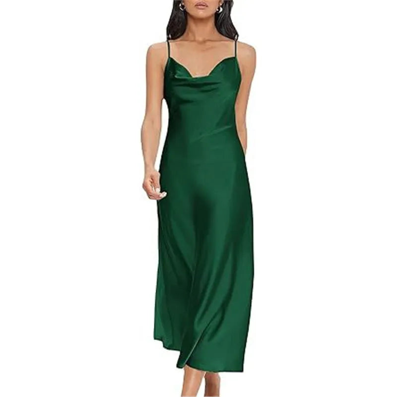 Strap satin open back dress in polyester, sleeveless, wide waist, available in red.