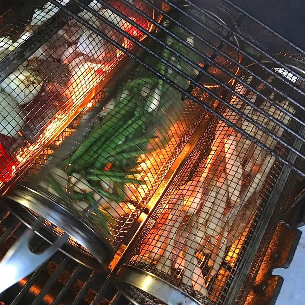 Rolling grill basket iron wire mesh 20x10x10cm with hook, filled with vegetables on a barbecue