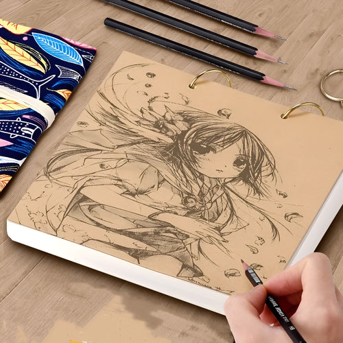 8K thickened sketchbook open on a table with marker drawings, showing linen and black card cover options.