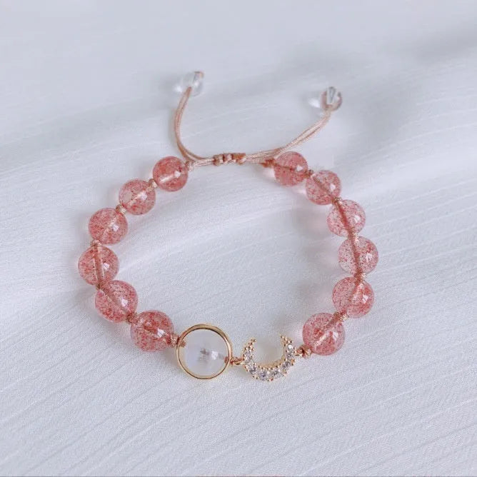 Handcrafted crystal bracelet with Hetian jade, peach blossom stone and strawberry quartz beads in natural design