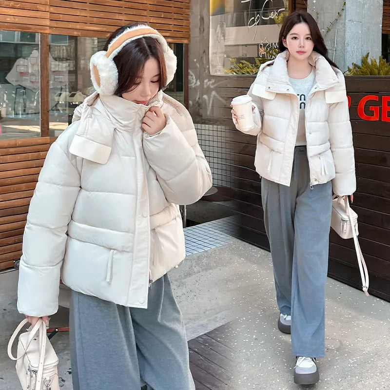 Beige loose cotton-padded coat with letter printing and front pockets, regular sleeves, polyester fabric