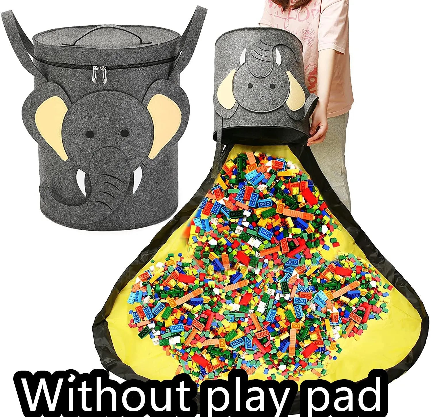 Green felt cube storage bag with pull rope closure shown as toy play mat