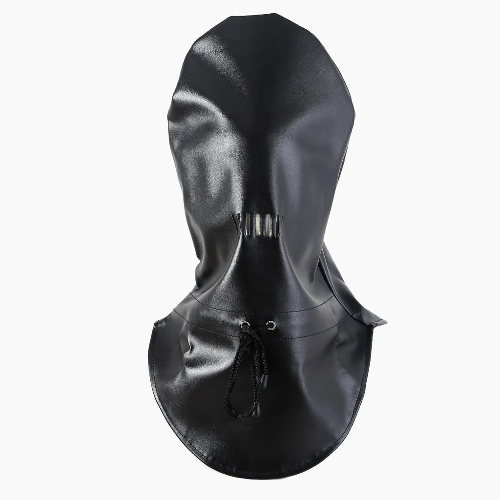 Black leather fetish headgear mask with adjustable straps for training props