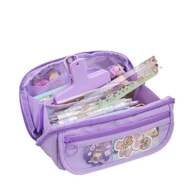 Korean-style canvas pencil case with 10-layer flip design open to show multiple compartments