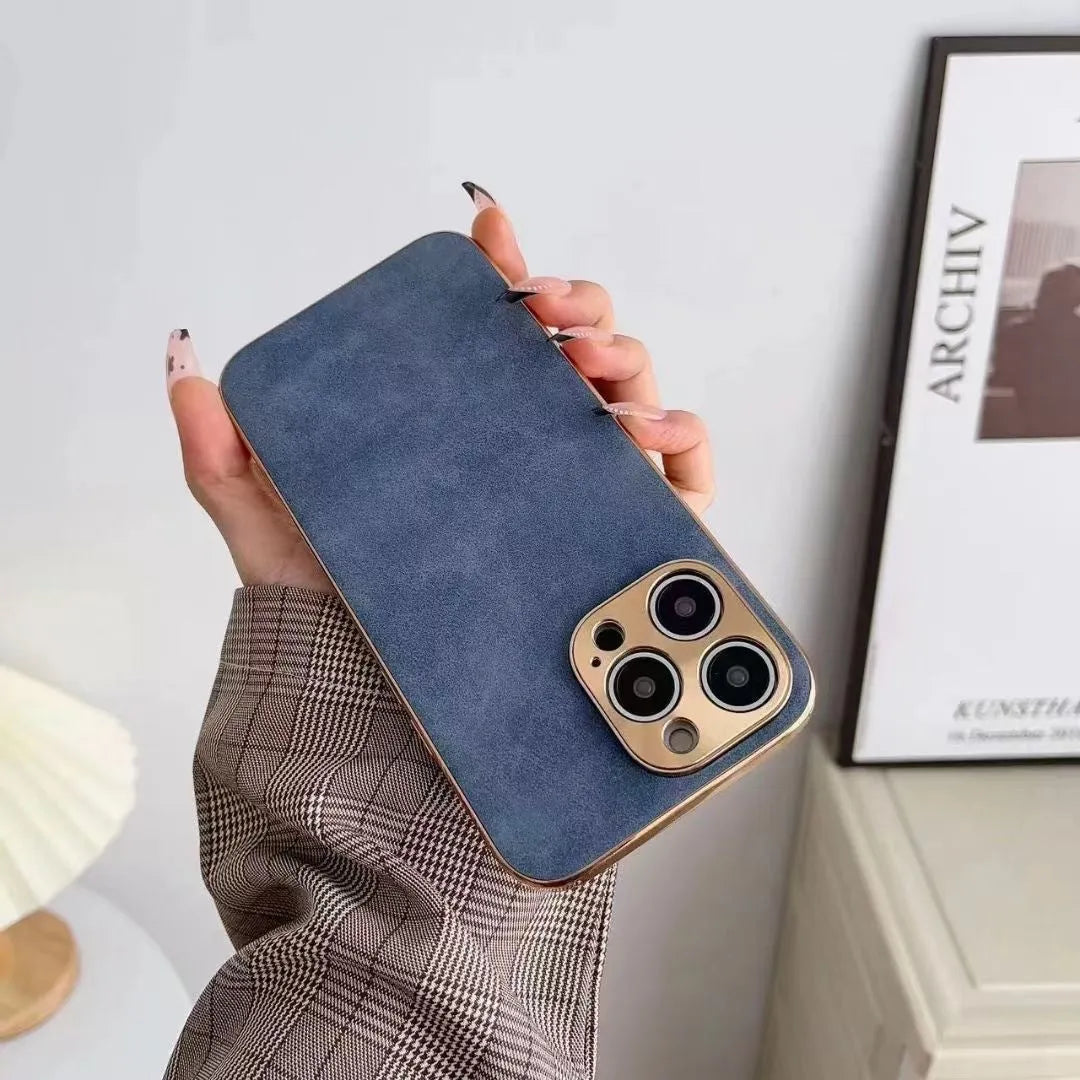 Leather texture TPU phone case for iPhone models in black, blue, grey, and grey-green colours.