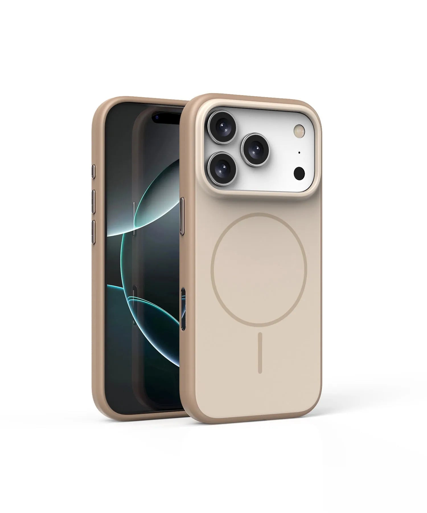 Frosted matte magnetic protective case for iPhone 17 series in Desert Gold colour.