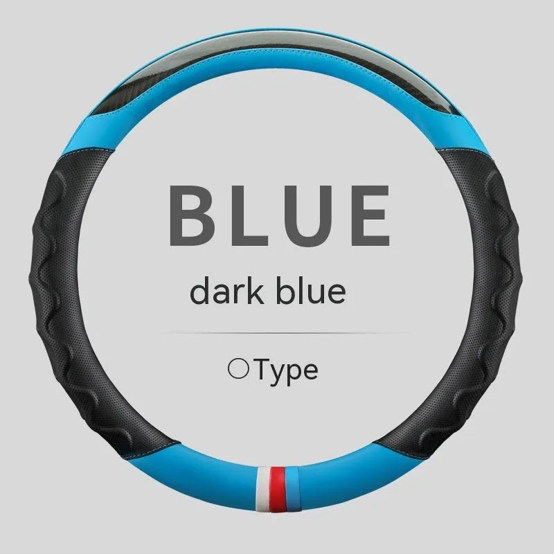 Sports style steering wheel cover with stitching, shown in black and white colour on a round 38cm steering wheel.