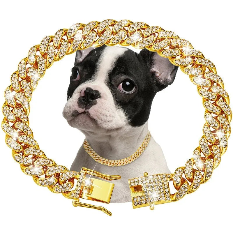 Pet diamond collar Cuban link chain necklace in gold with zinc alloy finish for dogs and cats