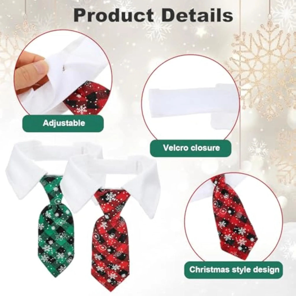 Adjustable Christmas dog necktie in red plaid with snowflake pattern, sized for small medium cats and dogs.