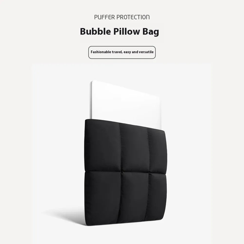 Soft black fluffy laptop sleeve for a 15.6 inch laptop, showing sewn retro style details.