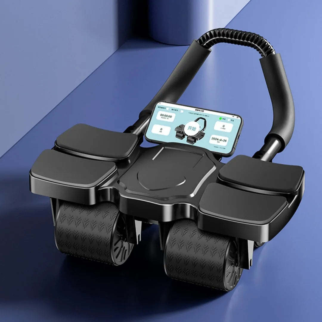 Abdominal exercise wheel with four wheels and automatic rebound mechanism, shown next to a smartphone displaying its fitness app.