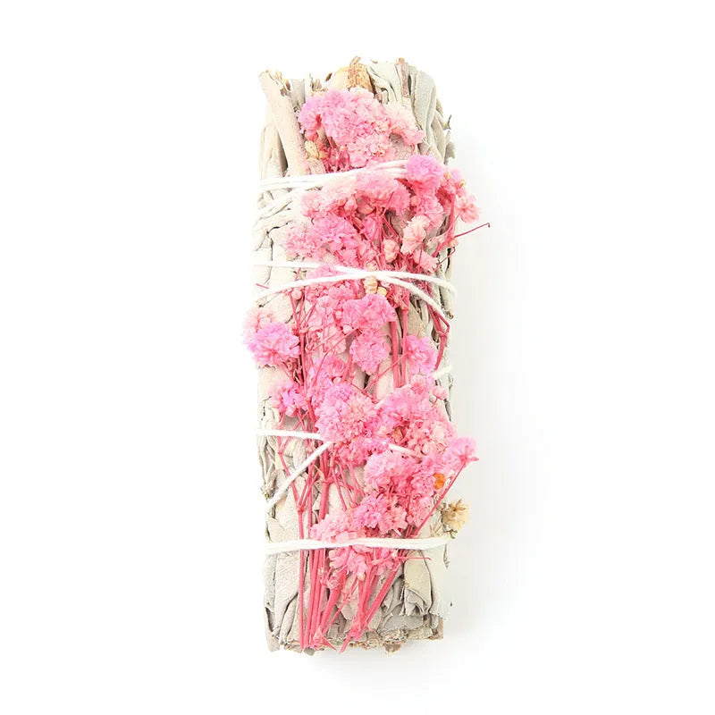 White sage and red rose petal incense bundle for fresh air with colourful dried botanicals