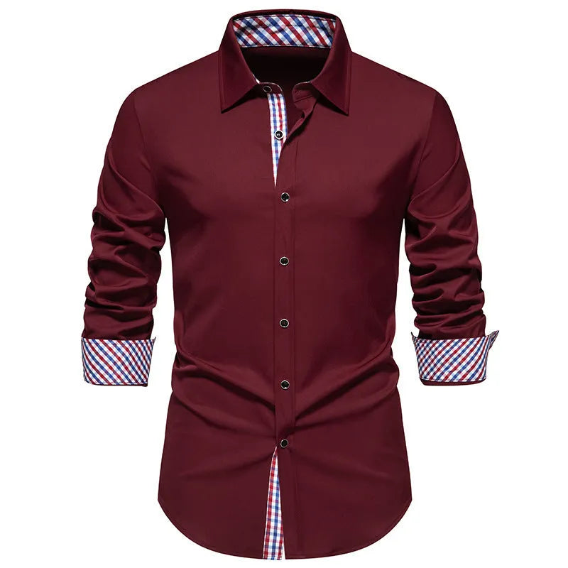 Men's loose fit plaid long-sleeved shirt in chemical fibre blend fabric available in white, black and wine red colours
