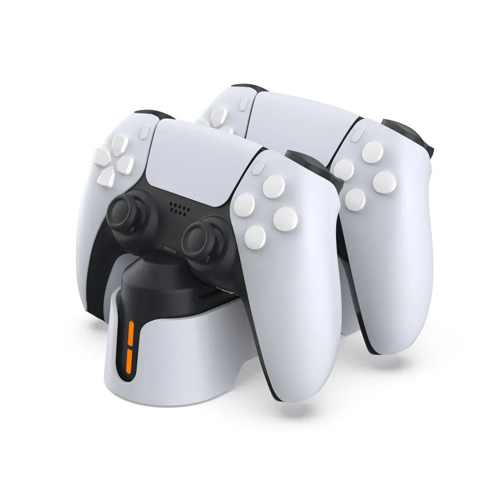 Gray PS5 dual-seat gamepad charger with display light and TYPE-C interface on a desk