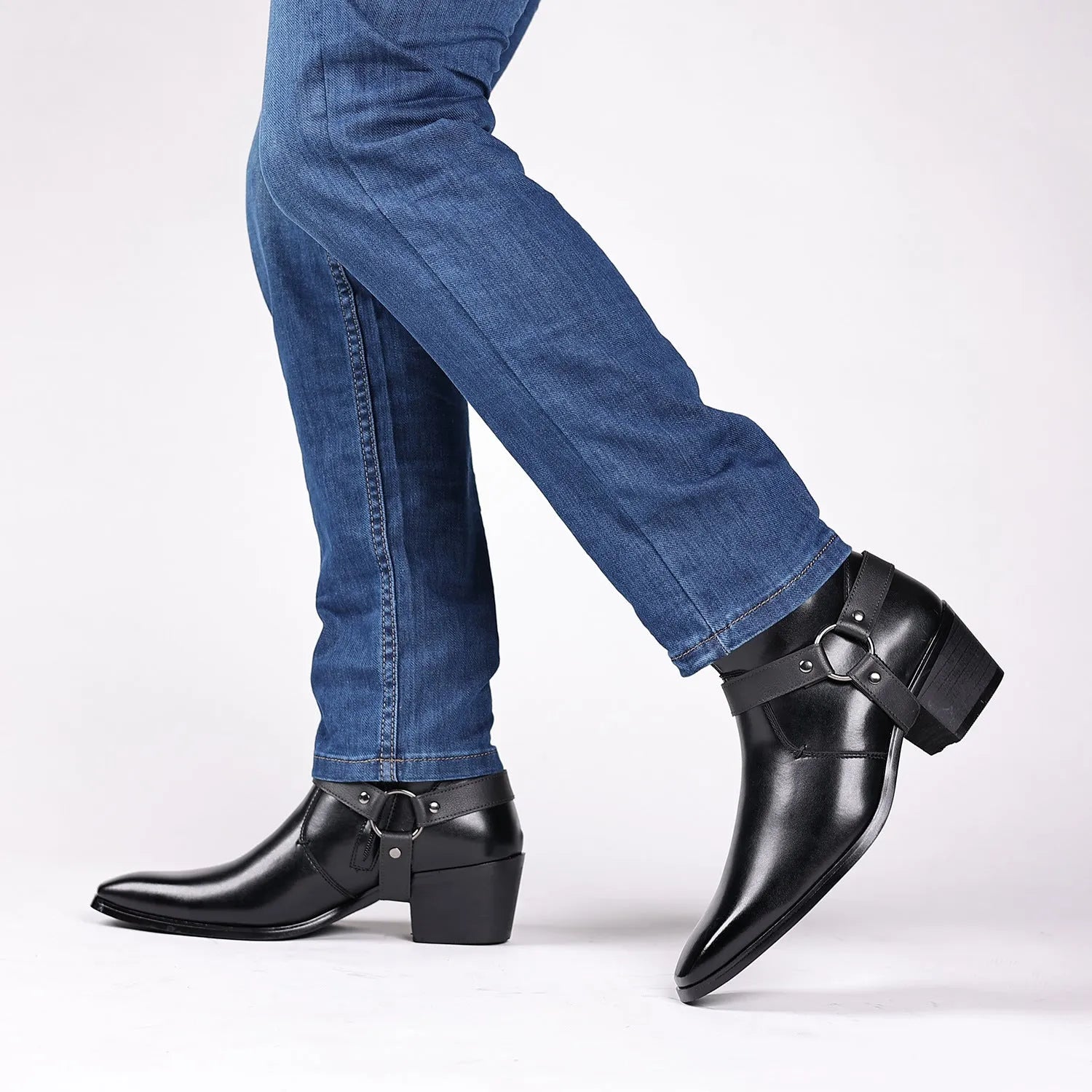 Black chain ankle boots with side zipper, square toe, and rivet details on a frosted artificial PU upper.