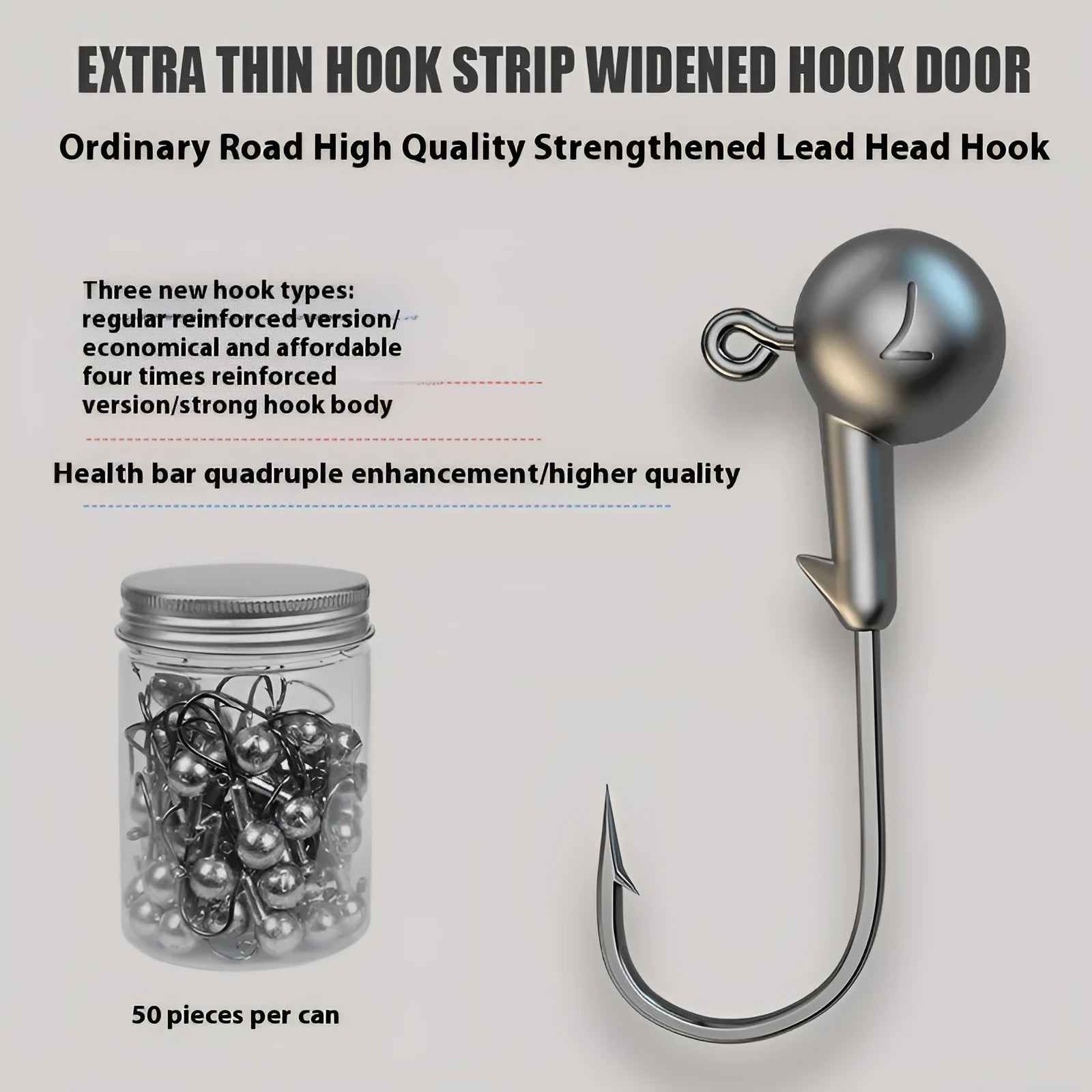Set of 50 enhanced strength lead-headed jig hooks in primary colours for fishing