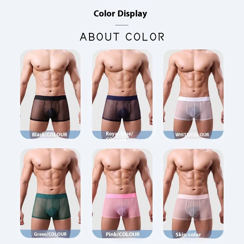 Men's thin invisible boxer shorts in quick-drying polyester fabric on a colour swatch showing black, white, blue, green, pink, and beige.