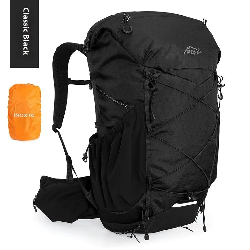 Large capacity waterproof mountaineering backpack with internal frame in black for camping and hiking