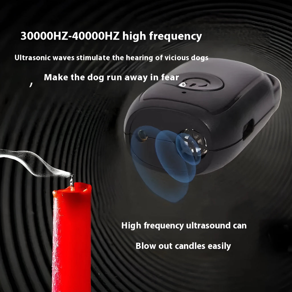 Tag Mini Ultrasonic Dog Dispeller plastic handheld device with lanyard in black