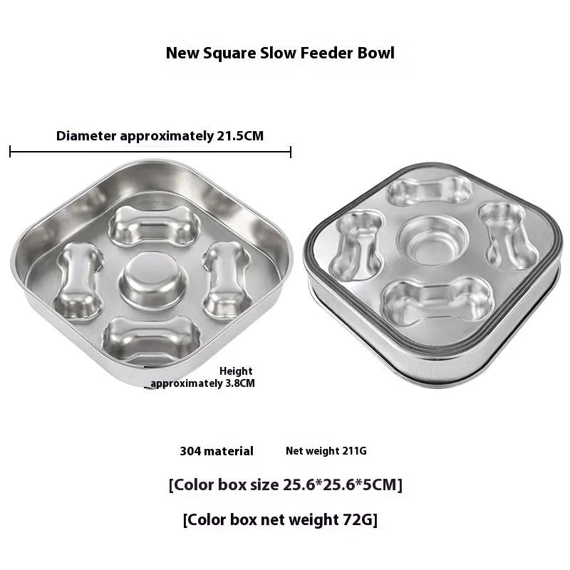 Stainless steel slow feeding dog bowl with raised bone square pattern on a non-slip square base