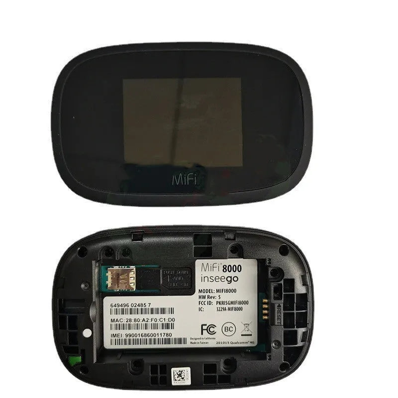 Black mifi8000 4G portable wireless router with battery and cable, showing compact size.