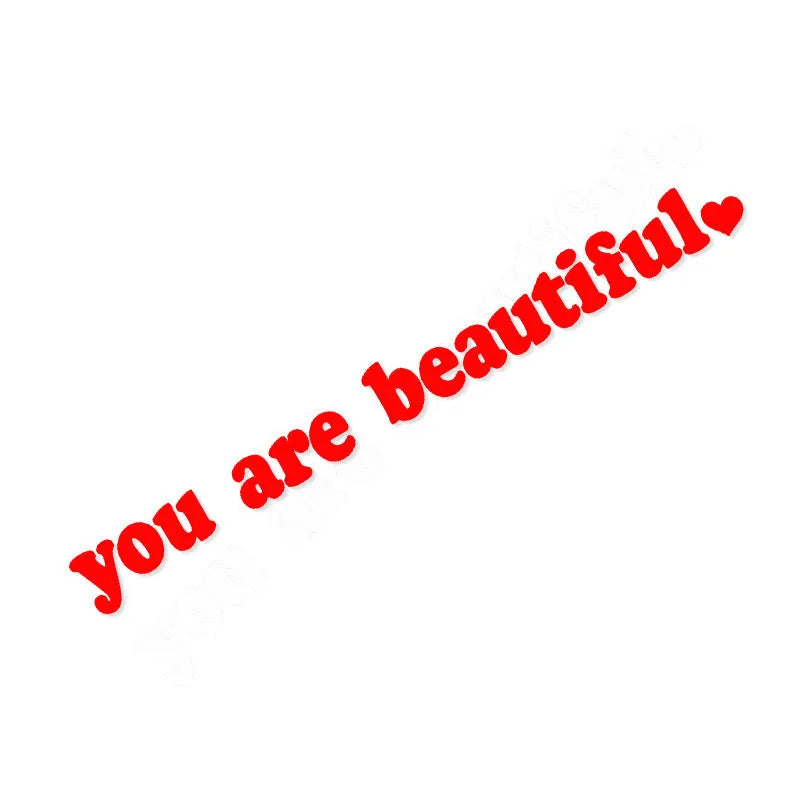 You Are Beautiful sport PVC vinyl stickers in nine colours showing laser and gold finishes with dimensions