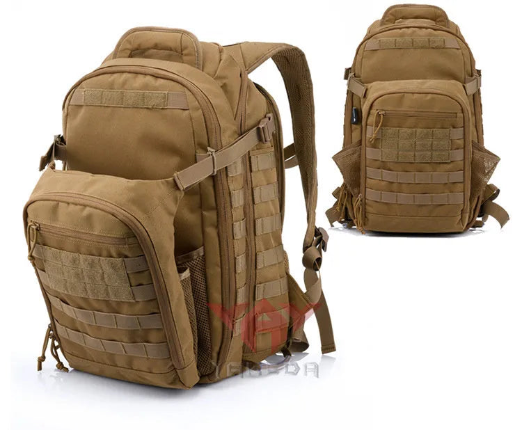 Tactical backpack 45L solid colour black outdoor hiking backpack on plain background