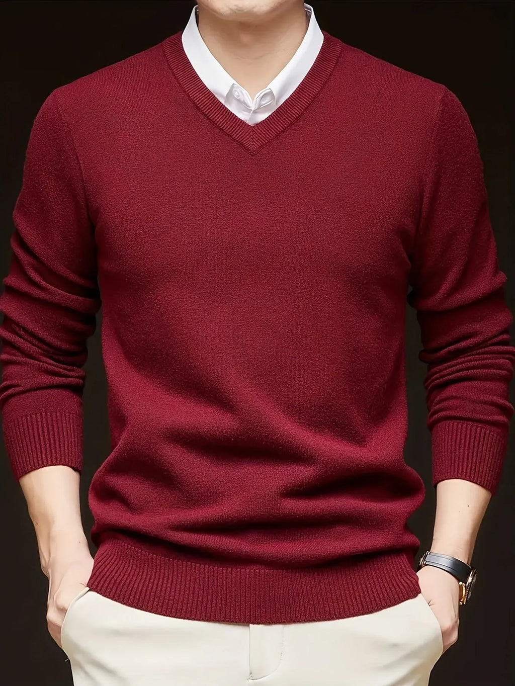 Men's casual thin V-neck woolen sweater in black, loose fit, available in multiple sizes and colours