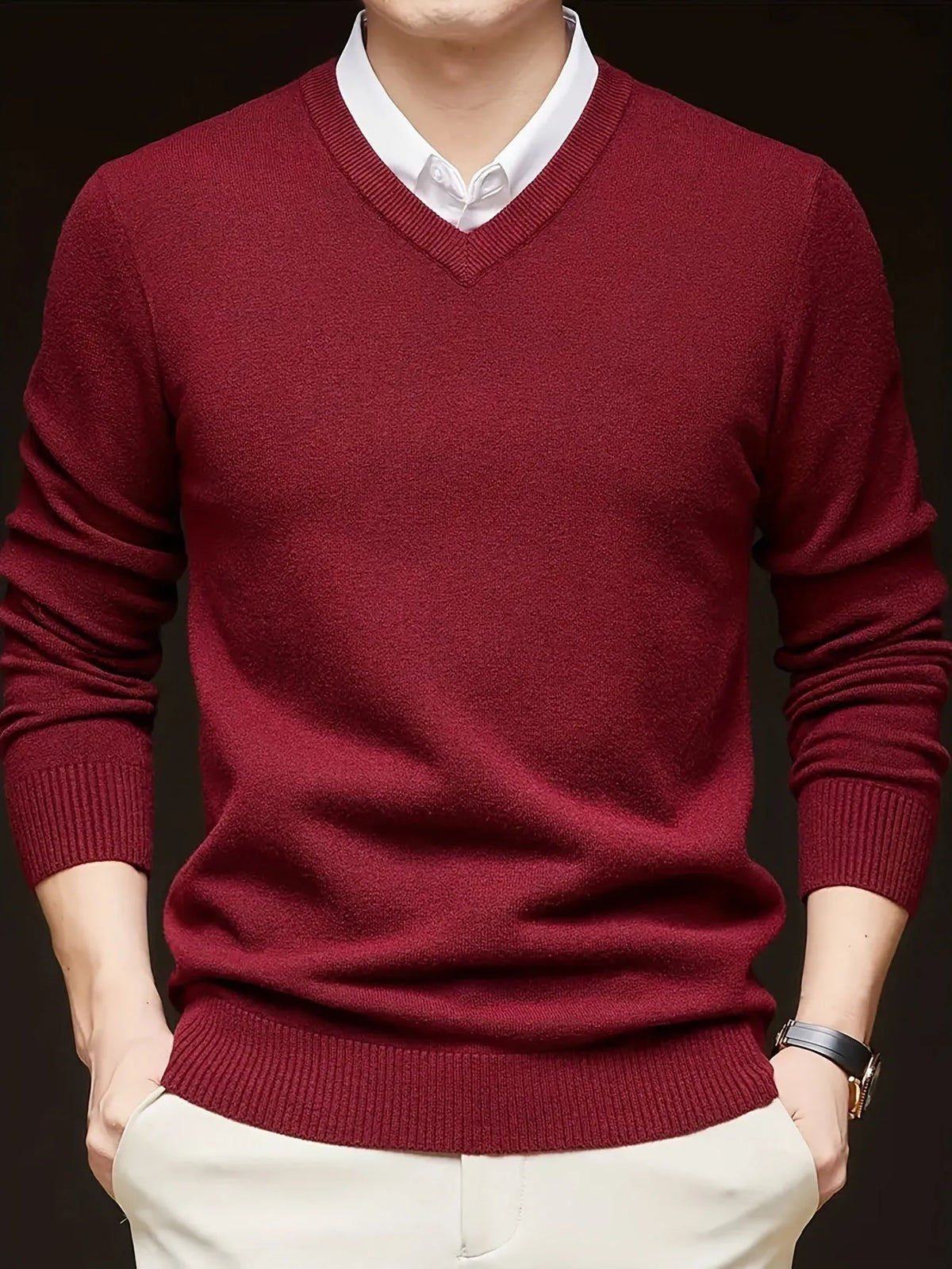 Men's casual thin V-neck woolen sweater in black, loose fit, available in multiple sizes and colours