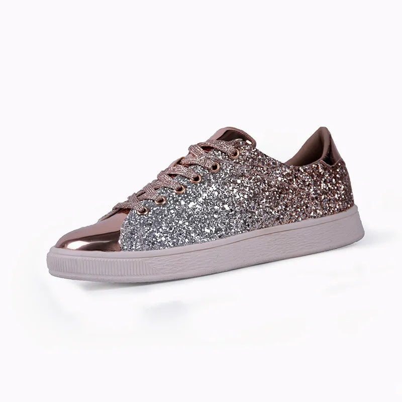 Women's black low-top lace-up shoes with glittering sequins on the upper.