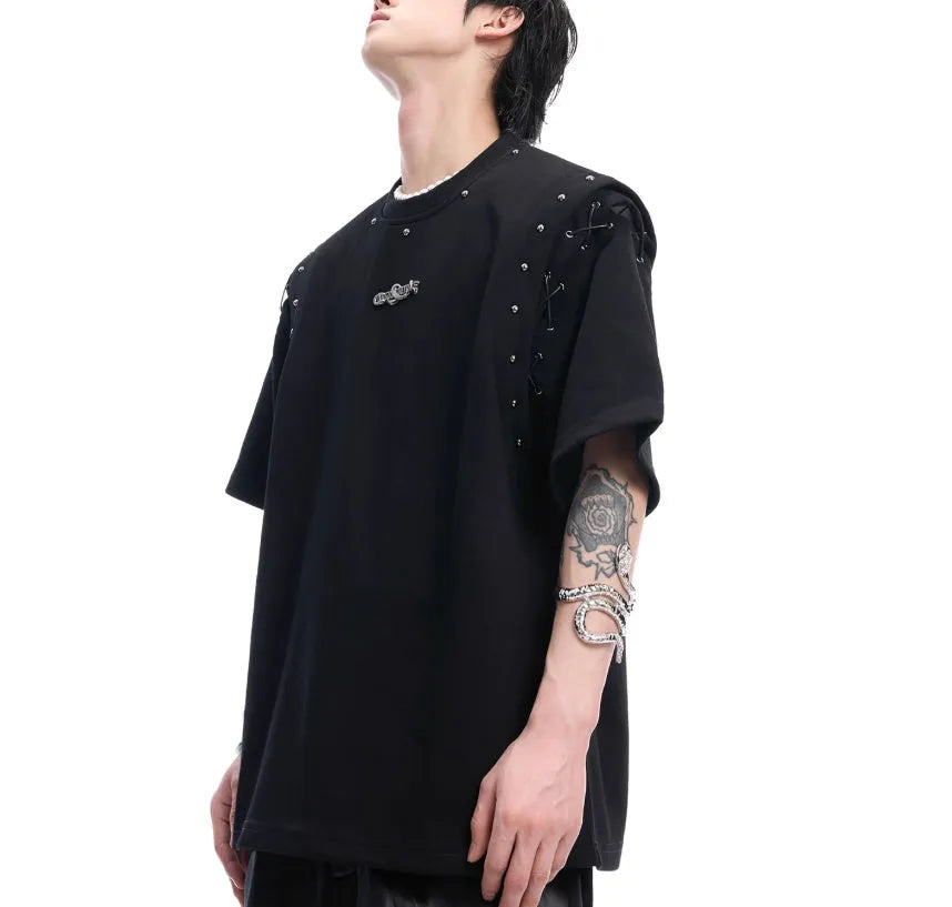 Women's black deconstruction t-shirt with a front lace-up cutout detail and short sleeves.