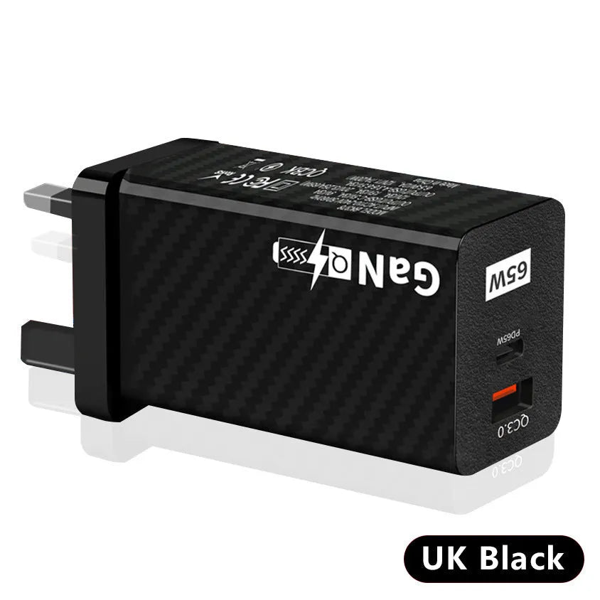 White 65W GaN fast charger with a foldable EU plug next to UK and US plug adaptors.
