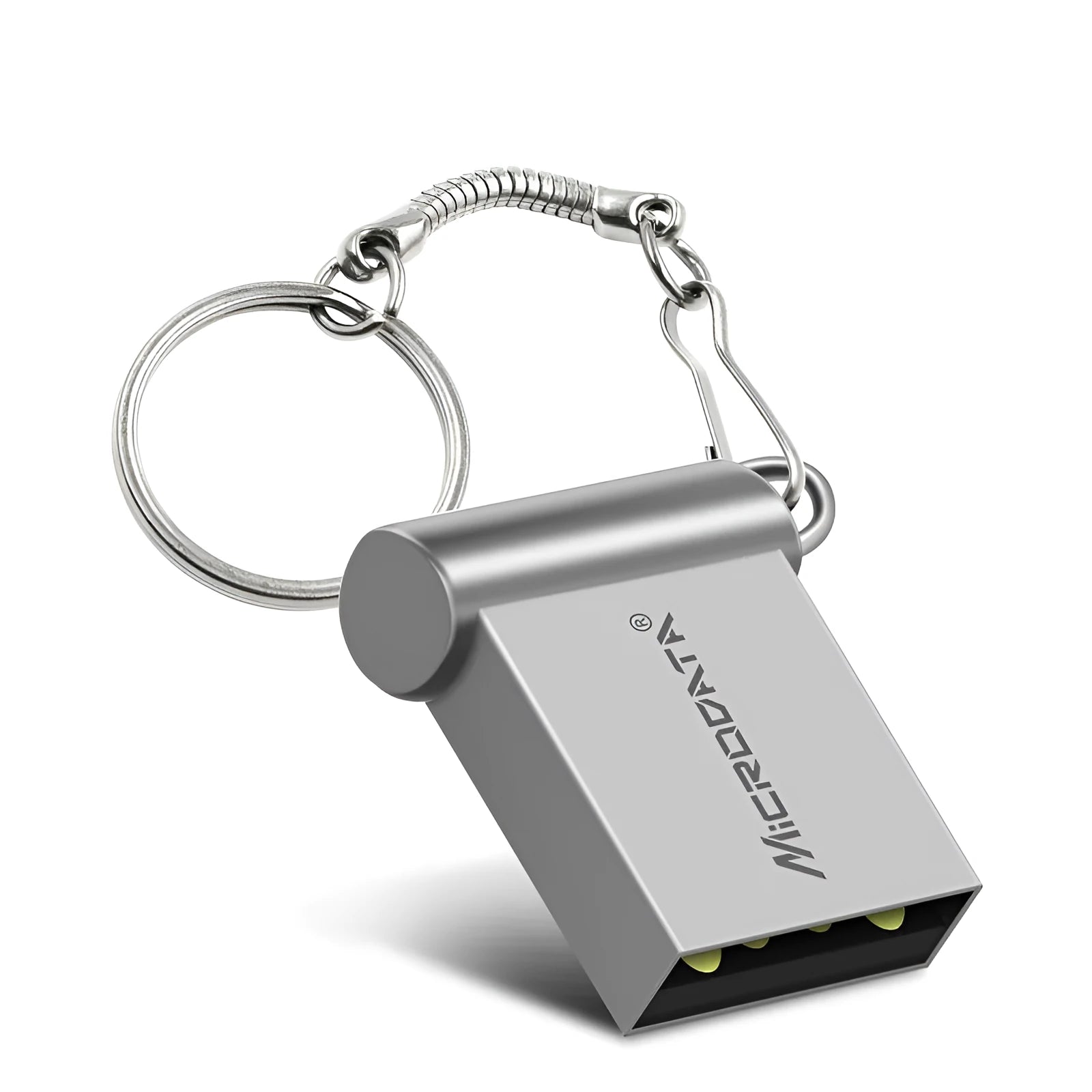 Metal USB storage disc necklace with chain accessory showing compact 10mm square design