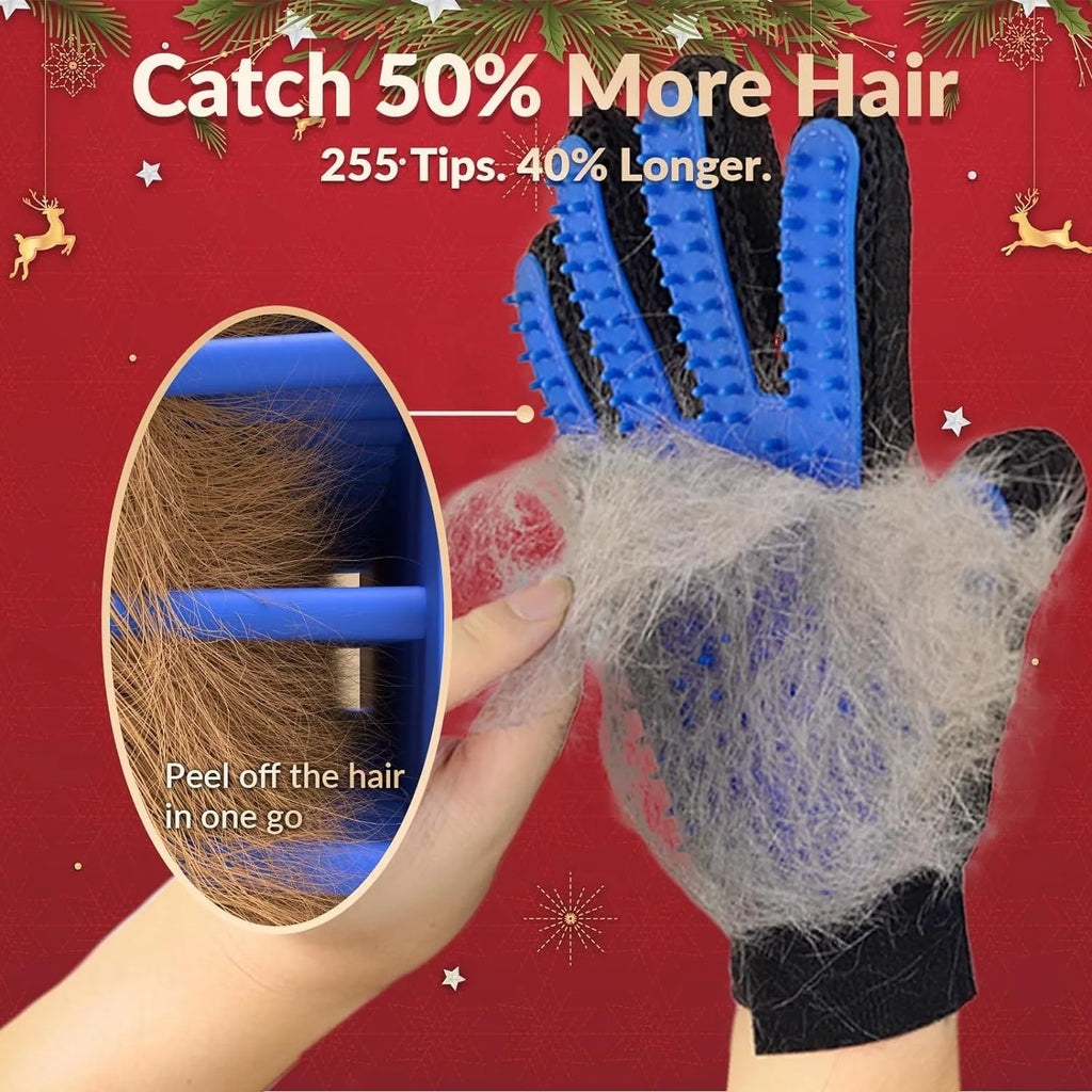 Blue pet grooming glove with silicone tips for brushing dogs and cats.
