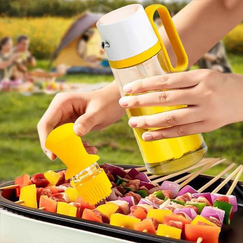 Glass oil dispenser with silicone brush for cooking and BBQ, 550ml capacity with stainless steel nozzle