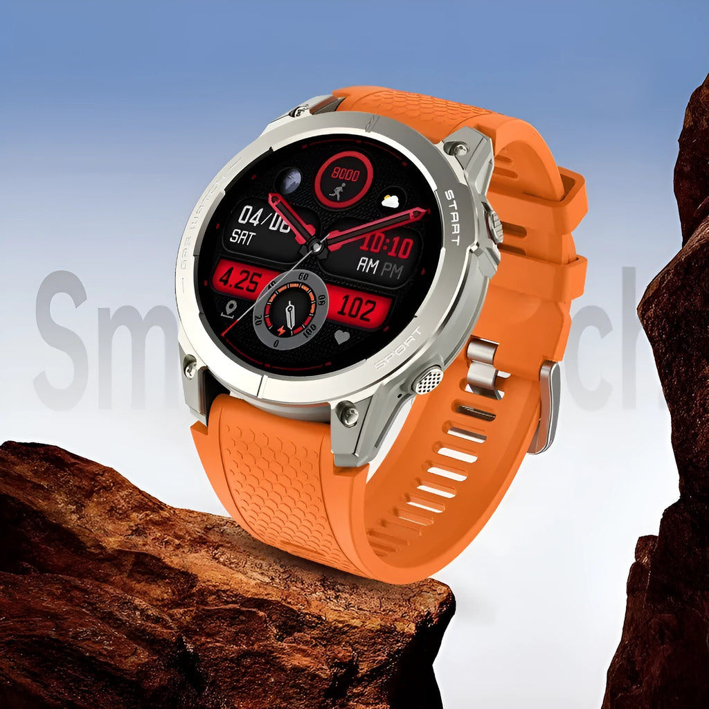 S53 black and orange outdoor GPS sports smart watch with touch screen on silicone strap