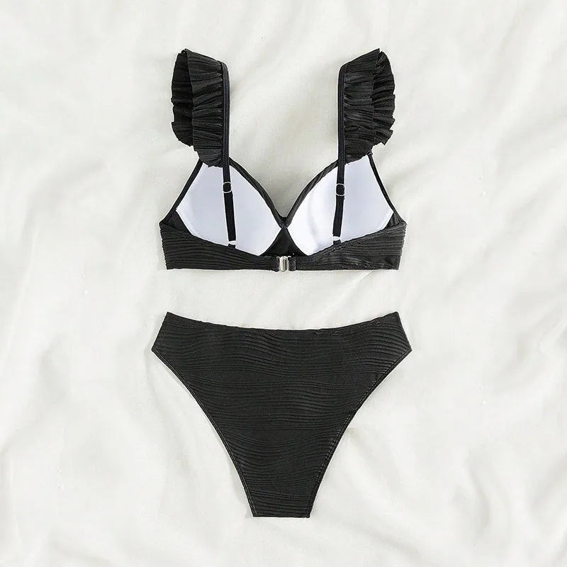 Solid colour women's bikini swimsuit in black or khaki made from polyester fabric