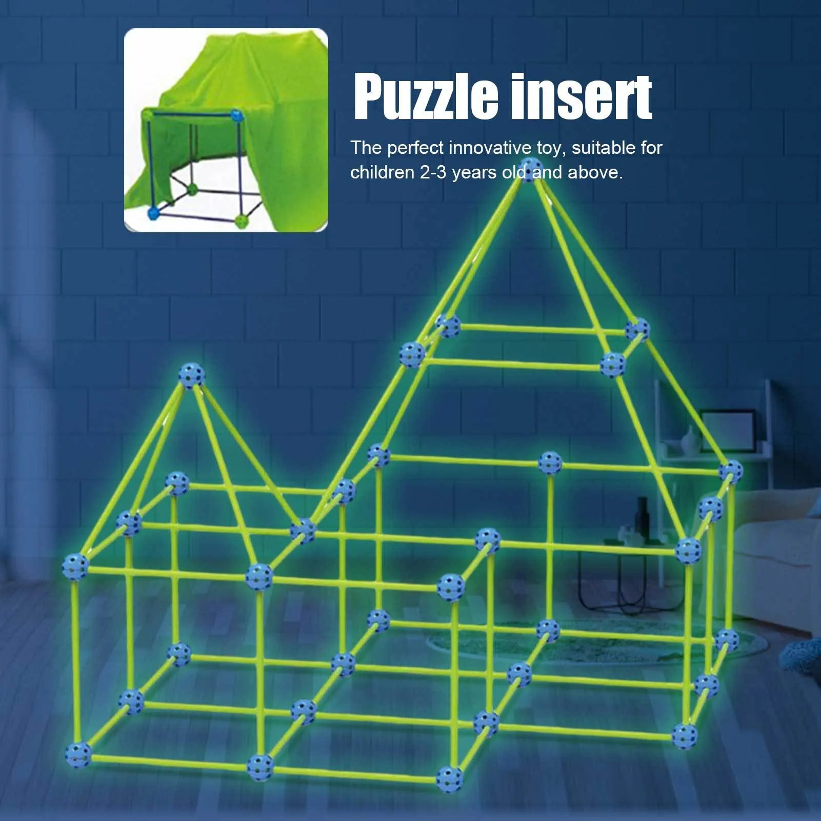 Luminous plastic fort building kit for kids with glowing sticks, balls, and fabric tent