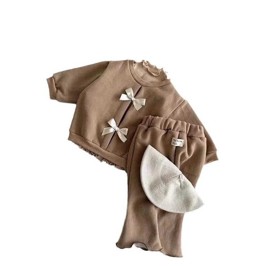 Girls cotton top and pants set in solid colour with wooden ear detail and matching hat