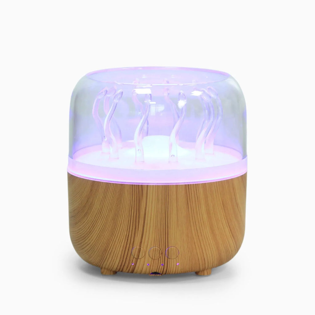 Wood grain rotating dynamic spray jellyfish ambience light humidifier with black finish