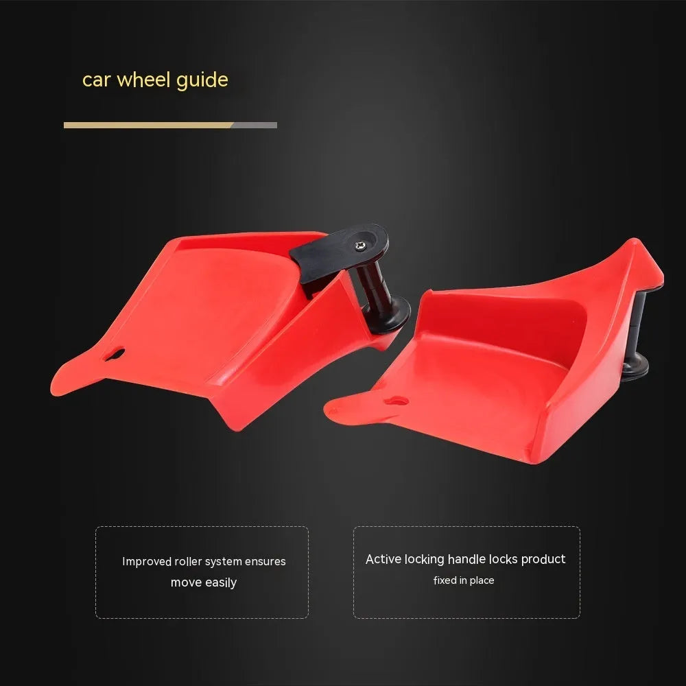 Set of four bright red triangular plastic parking wheel chocks on a grey background