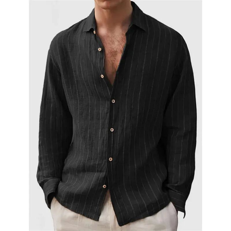 Man wearing a loose-fit striped short-sleeve cardigan-style polyester shirt for casual wear.
