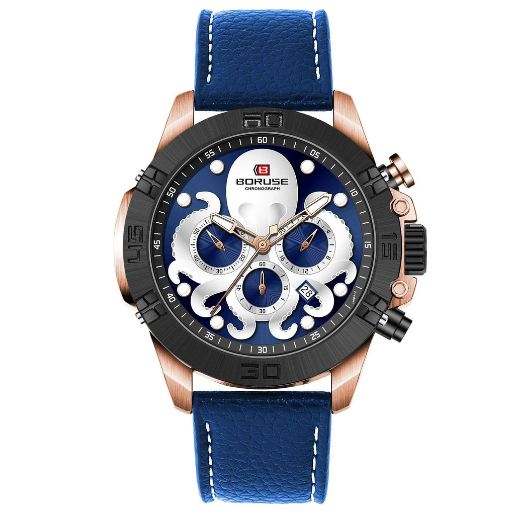 Octopus brand men's waterproof luminous quartz watch with 13mm case in blue or black options